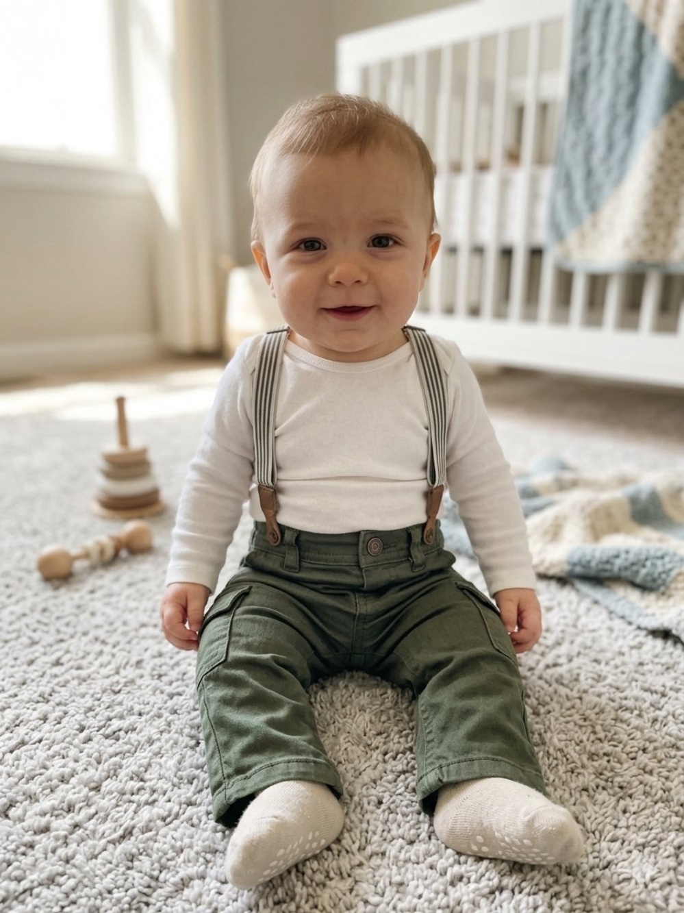 H&M Baby Boy Olive Green Archive Cargo Suspender Pants - Size 4-6 Months EUC